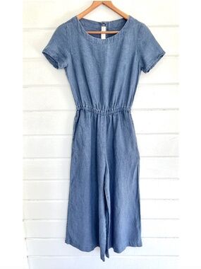 NOT PERFECT LINEN Barcelona Short Sleeved Wide Leg Jumpsuit Blue - XS